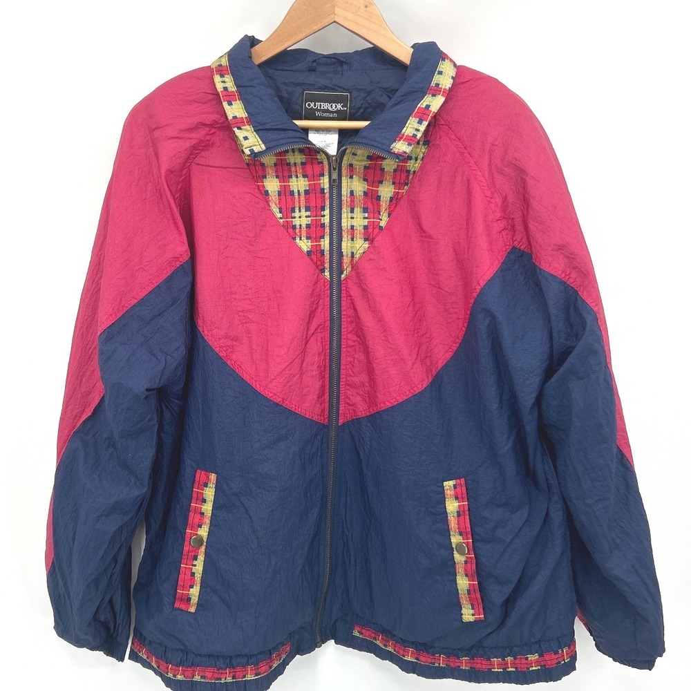 VTG 90's Colorblock Retro Women's Jacket 16‎ Navy Plaid Windbreaker Granny Core